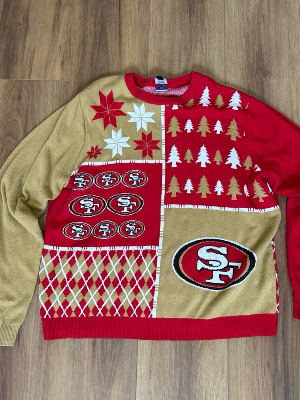NFL San Francisco 49ers Red and Gold Patchwork Crewneck Sweater